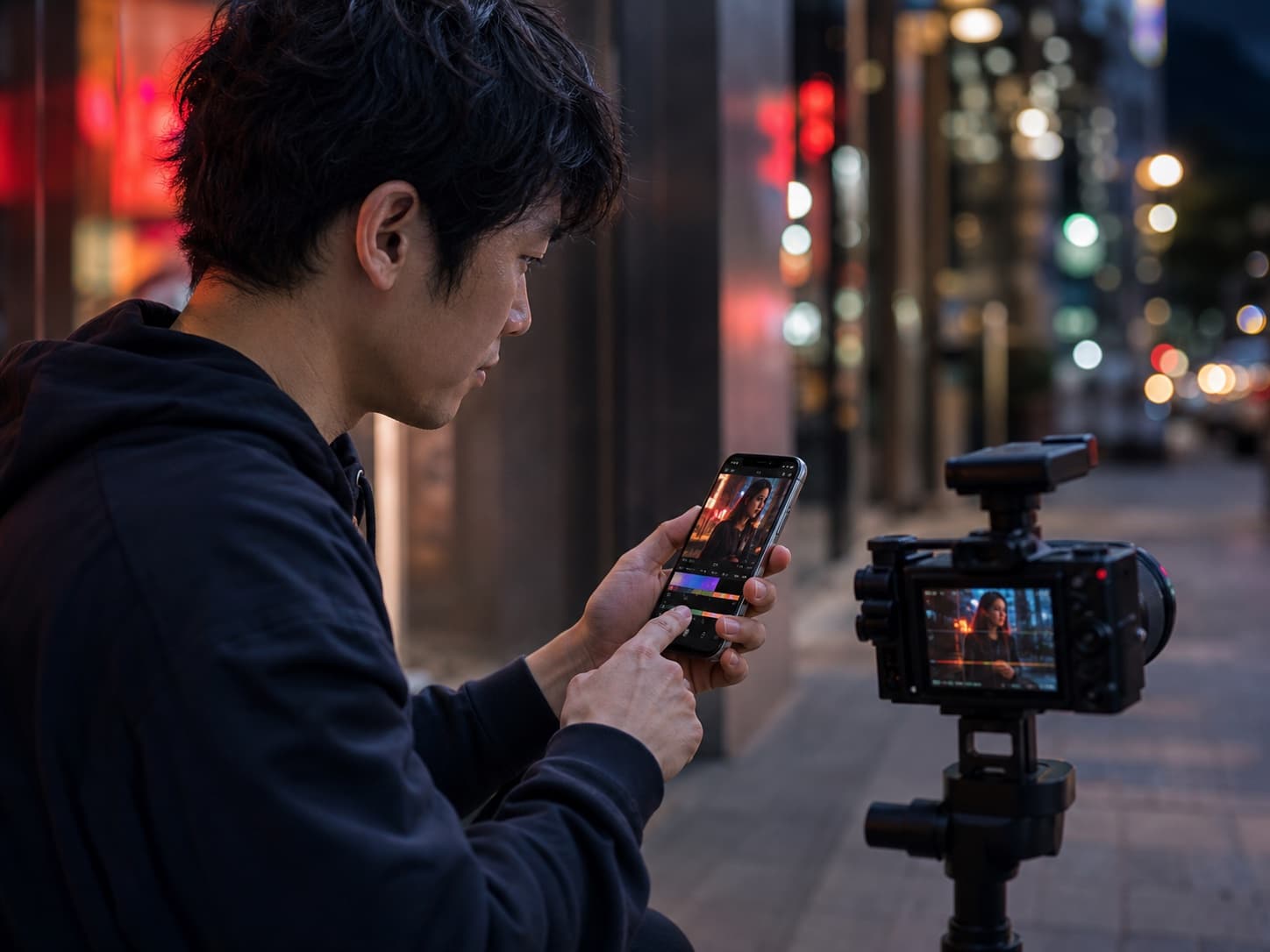 Social creator previewing a portrait animation on a city sidewalk